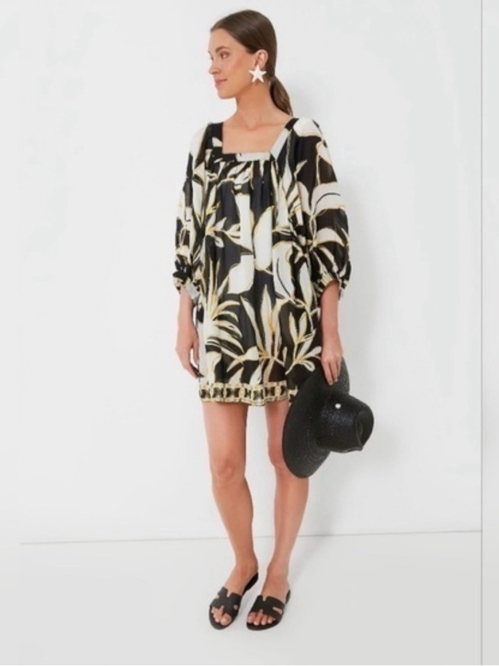 Tuckernuck Black and Cream Tropical-Leaf Beach Dress